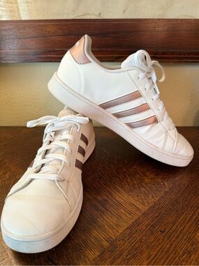 adidas White Sneakers with Rose Gold Stripes